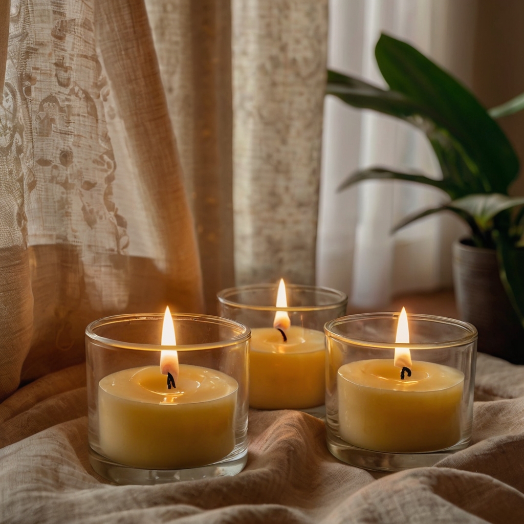 Summer-scented candles with citrus or coconut aromas. Set on trays to enhance the cozy summer mood.
