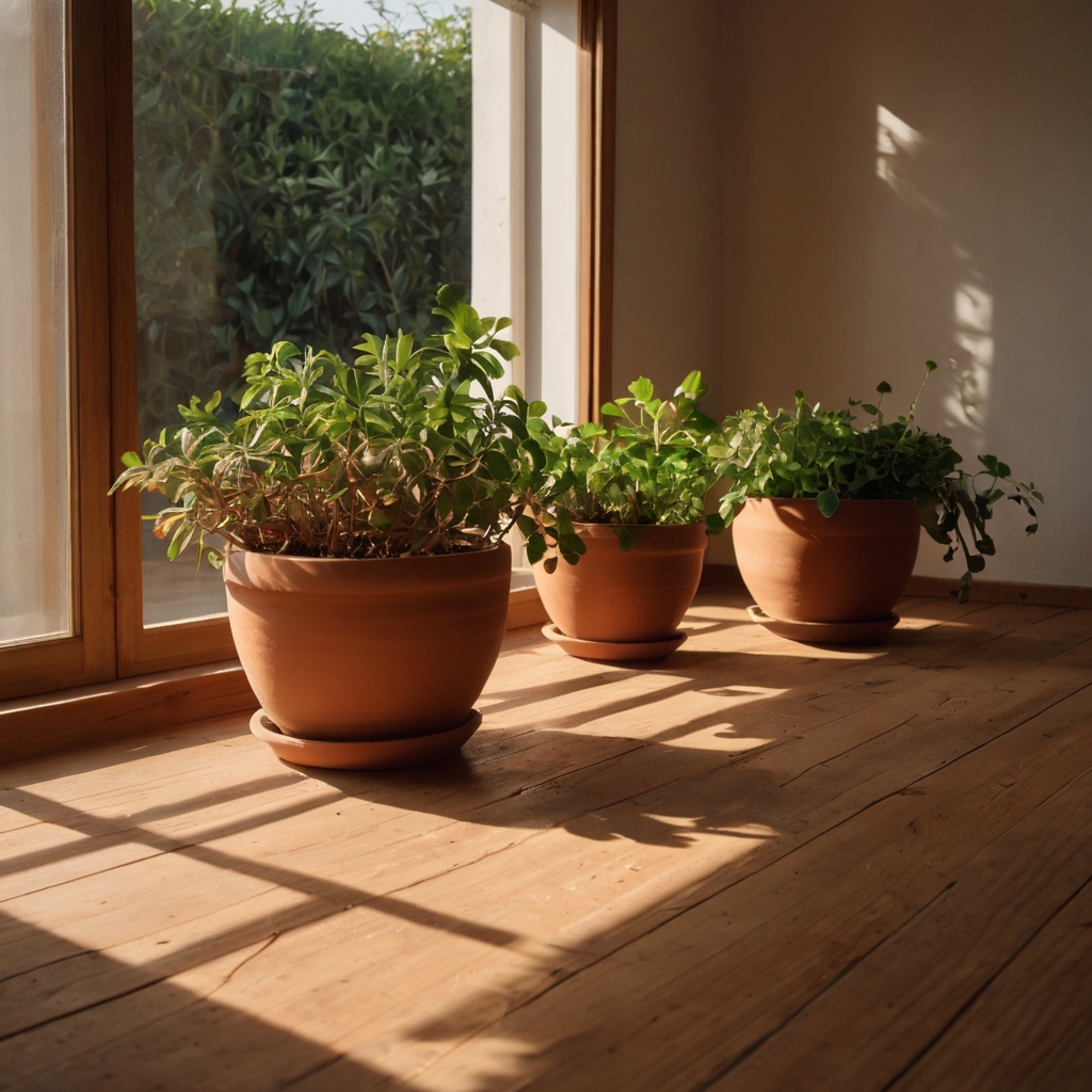 Terracotta planters line a sunny windowsill. Filled with greenery for a rustic, warm-weather vibe.