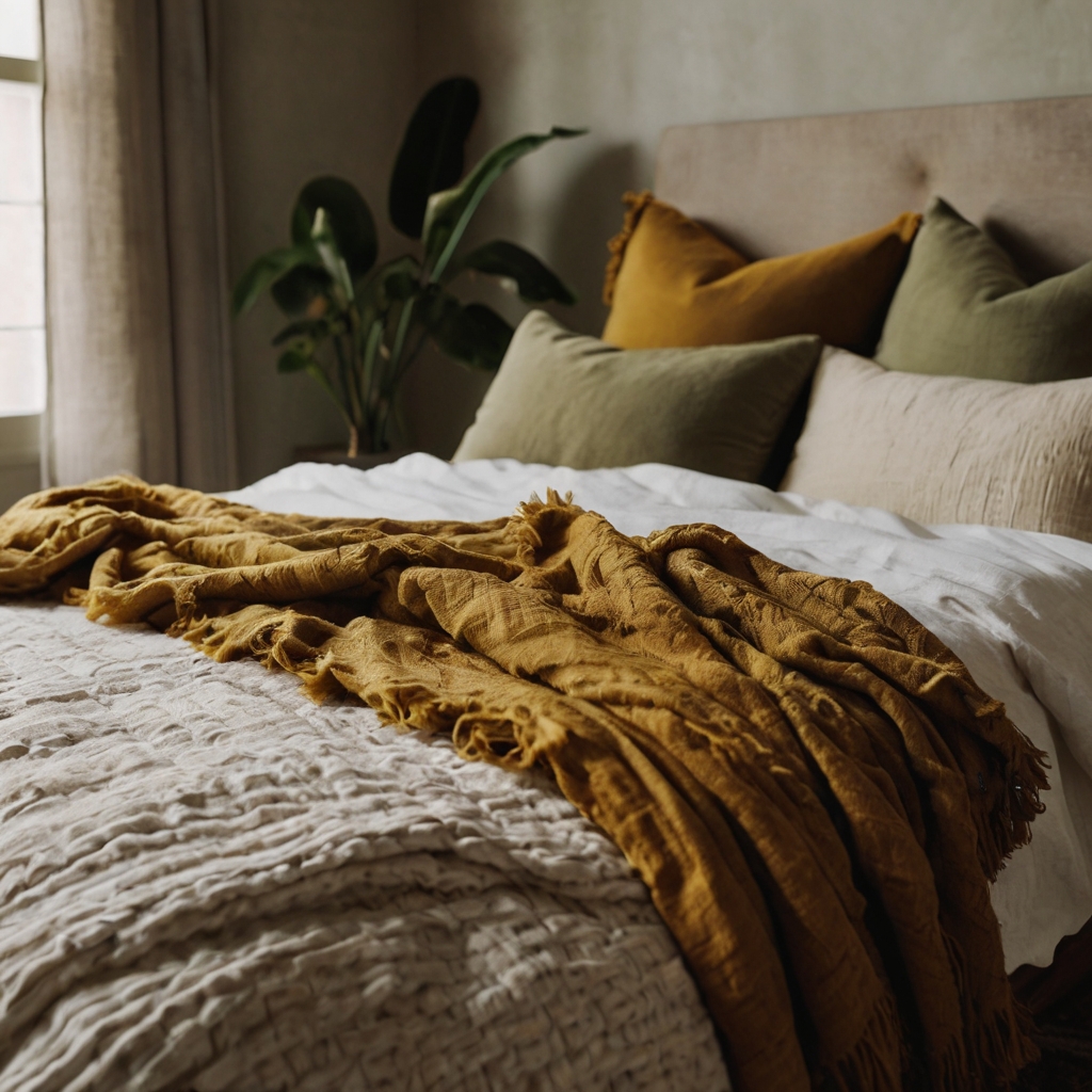 Muted mustard and olive green throws heap casually on a low, earthy bed. Rich, deep tones layer the space with warmth and nature’s quiet moods.