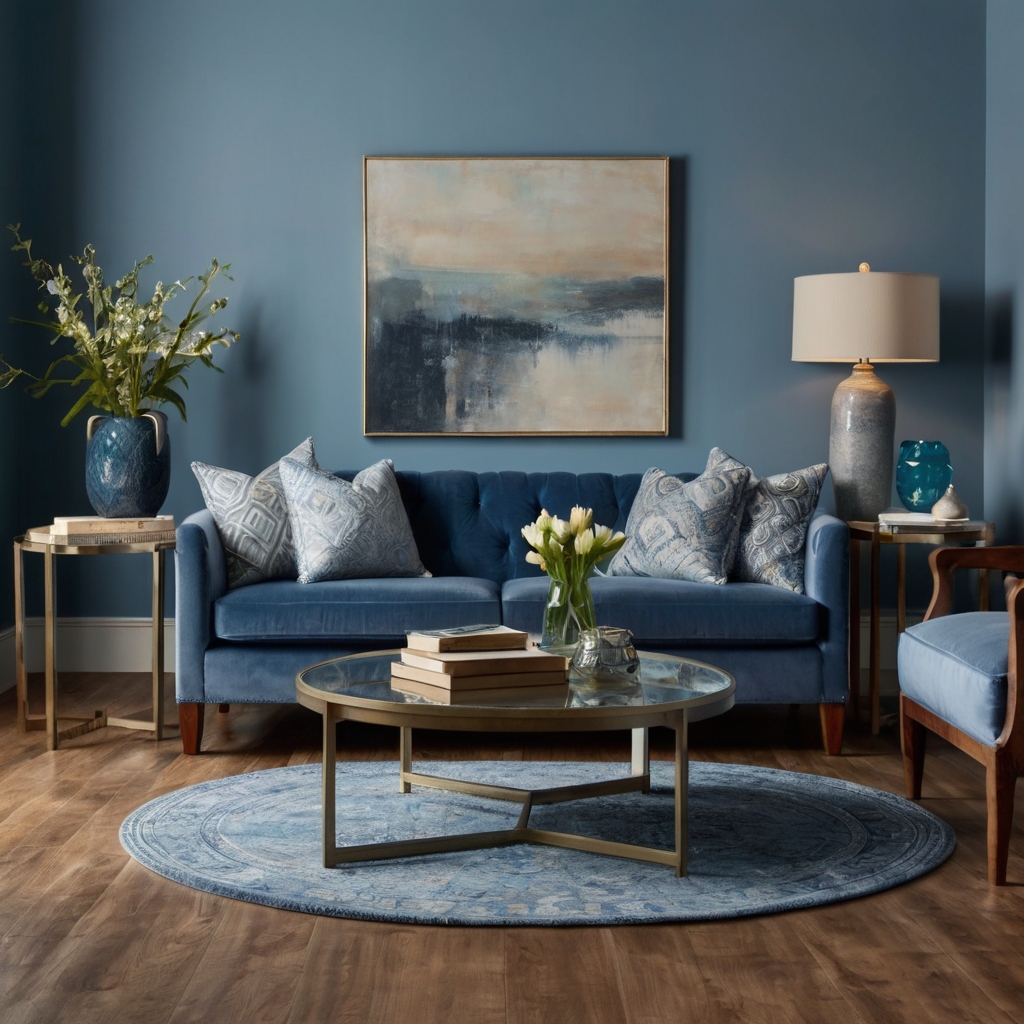 Update a space on a budget with peel-and-stick blue grey wallpaper and repurposed furniture. Soft lighting enhances the fresh, budget-friendly décor.