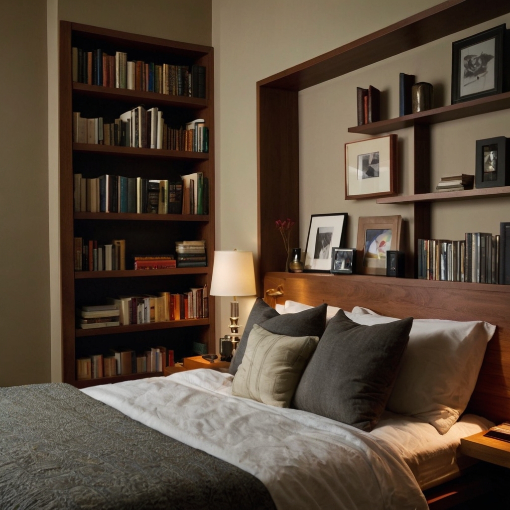 A recessed wall nook beside the bed displays books under soft spotlighting. Shadows enhance depth in a serene bedroom corner.