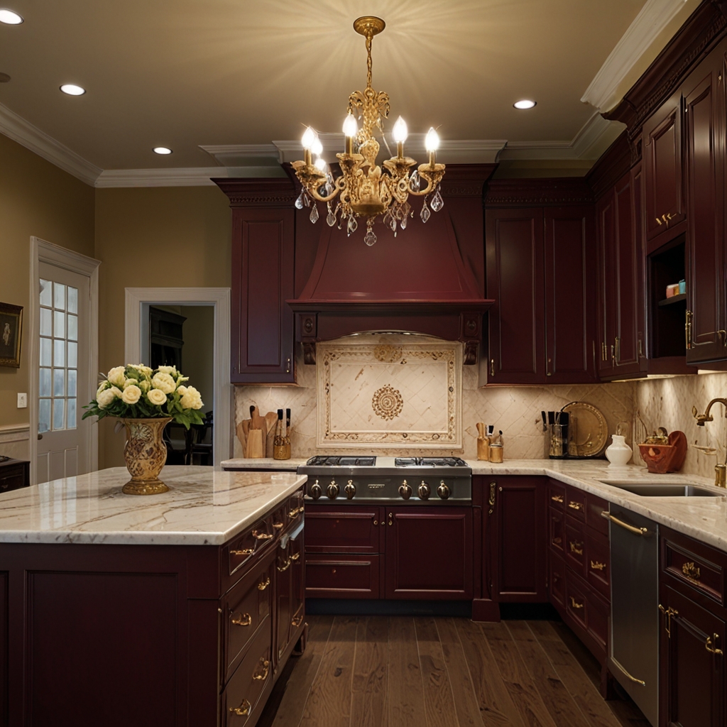 Rich burgundy cabinetry contrasts ivory counters in soft ambient light. A timeless design with elegance and flair.