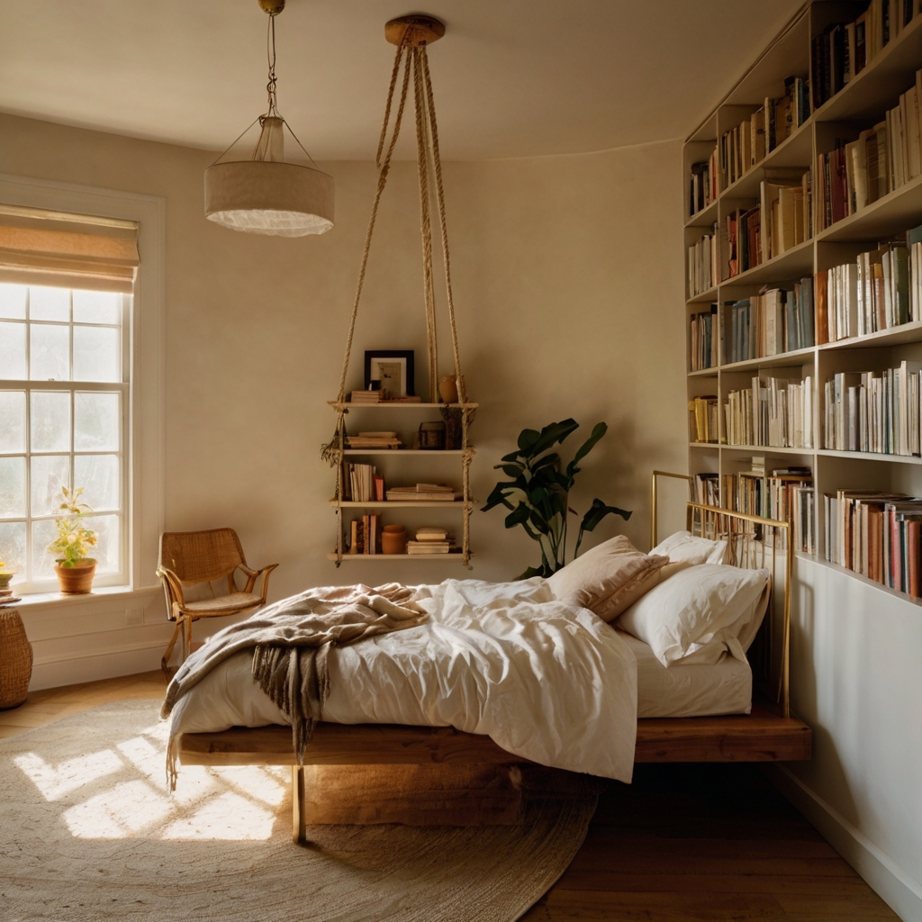 Books balance on a rope-suspended wooden shelf over the bed. Afternoon light casts dreamy shadows around the airy scene.