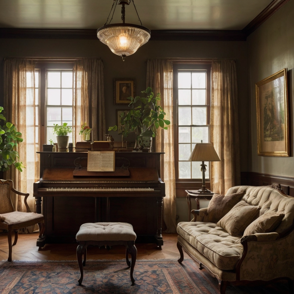 A living room with century-old furniture and a vintage lamp, illuminated by natural light. The scene blends old style with modern warmth.