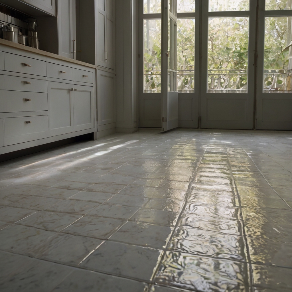 Classic ceramic or porcelain tiles create a sleek, clean surface in the kitchen. Soft light enhances the patterns and sheen of the tiles, adding elegance to the floor.