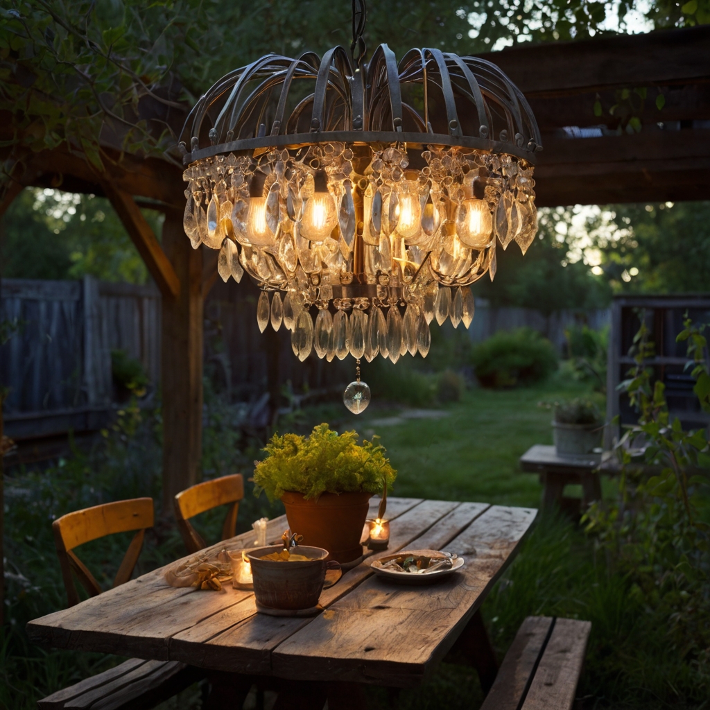 Upcycled chandelier built from vintage spoons and wire glows above. Twinkling bulbs and crystals hang near picnic benches.