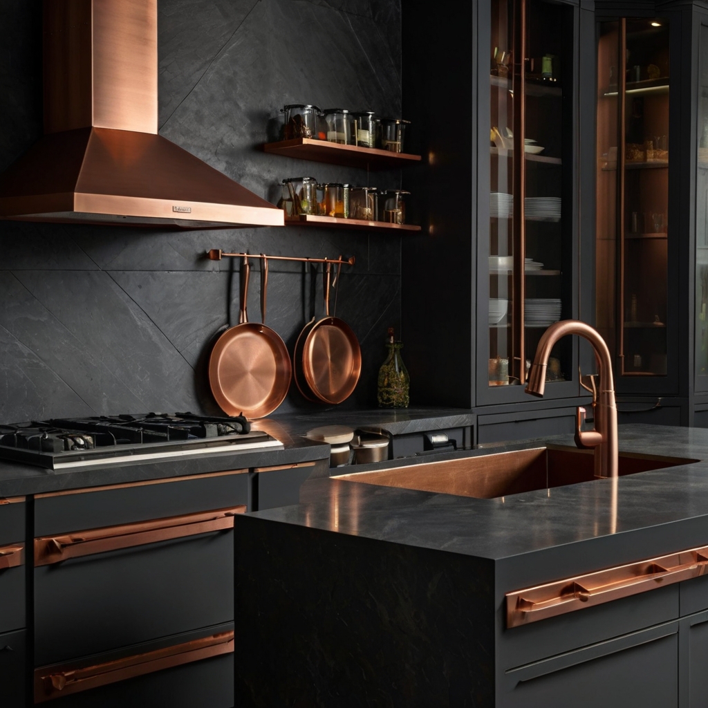 Moody charcoal cabinetry with shiny copper accents under soft pendant lighting. A refined yet edgy vibe glows with modern detail.