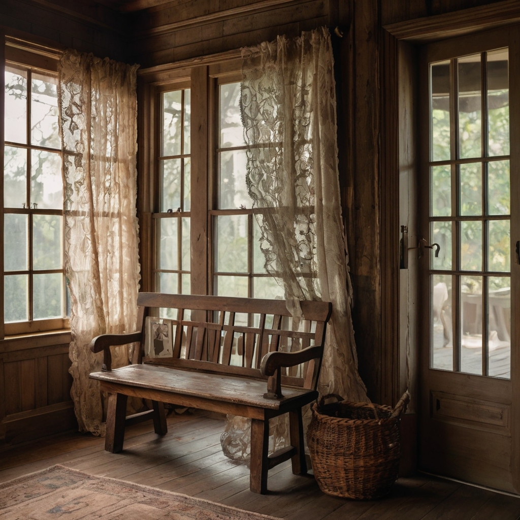 A rustic hallway bathed in natural light, showcasing vintage lace curtains and hand-carved furniture. The pieces exude charm and nostalgia.