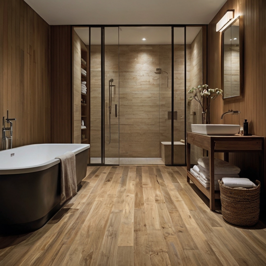 Chic bathroom flooring, like bamboo or wood planks, creates a warm, inviting foundation. Soft lighting highlights the natural texture and stylish design.