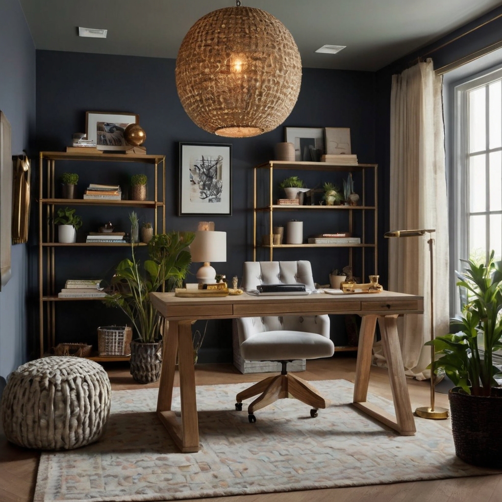 A chic craft office with velvet cushions, woven rugs, and stylish lighting. The neutral tones and cozy decor create an inviting, creative space.
