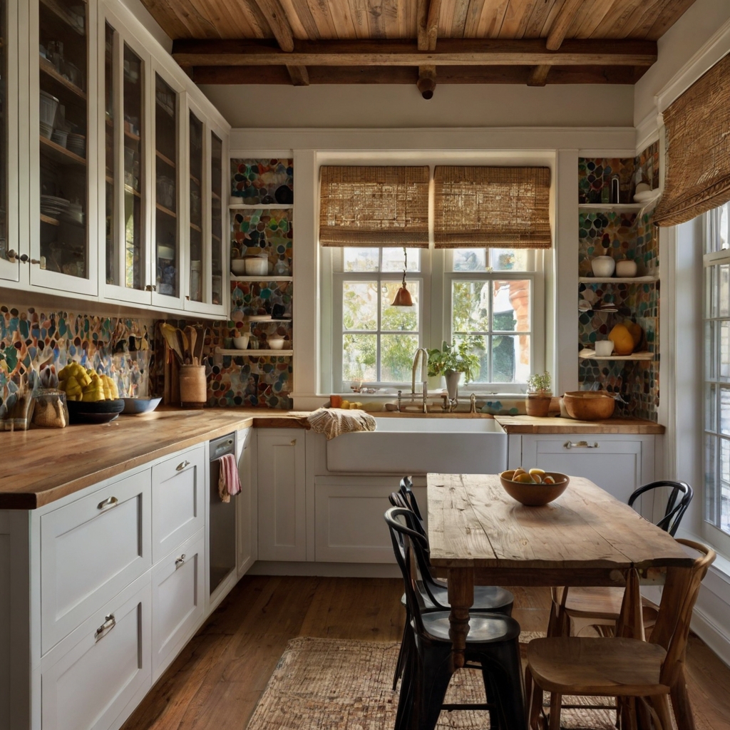 Rustic kitchen with mosaic backsplash, exposed beams, and black pendants. Seated view captures texture-rich, cozy style with soft daylight.