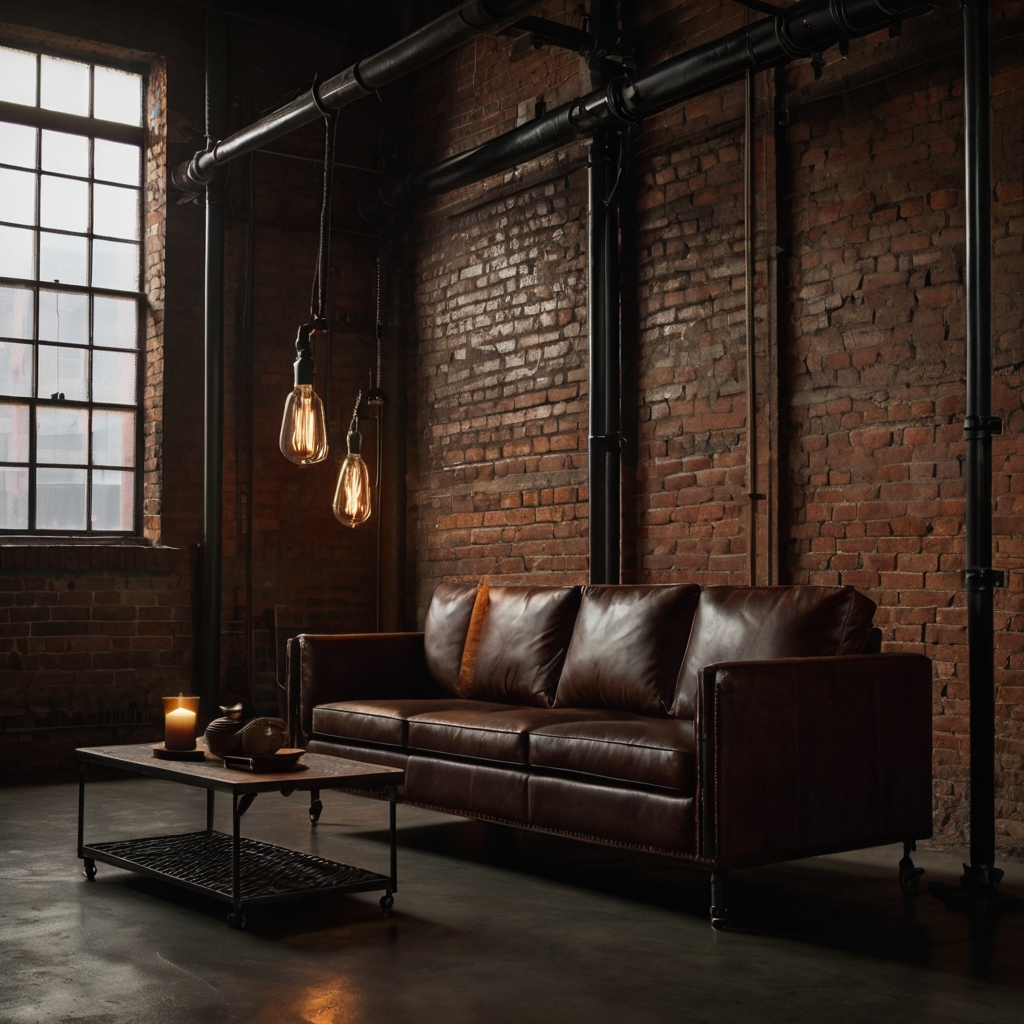 Chocolate leather couch in gritty loft with exposed brick and metal beams. Vintage bulbs cast a warm, industrial glow.