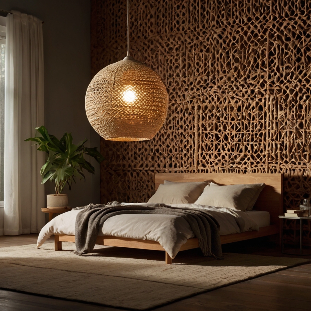 A woven rattan pendant light hangs low above an unmade boho bed. Natural fibers cast playful, tangled shadows onto muted textured walls.