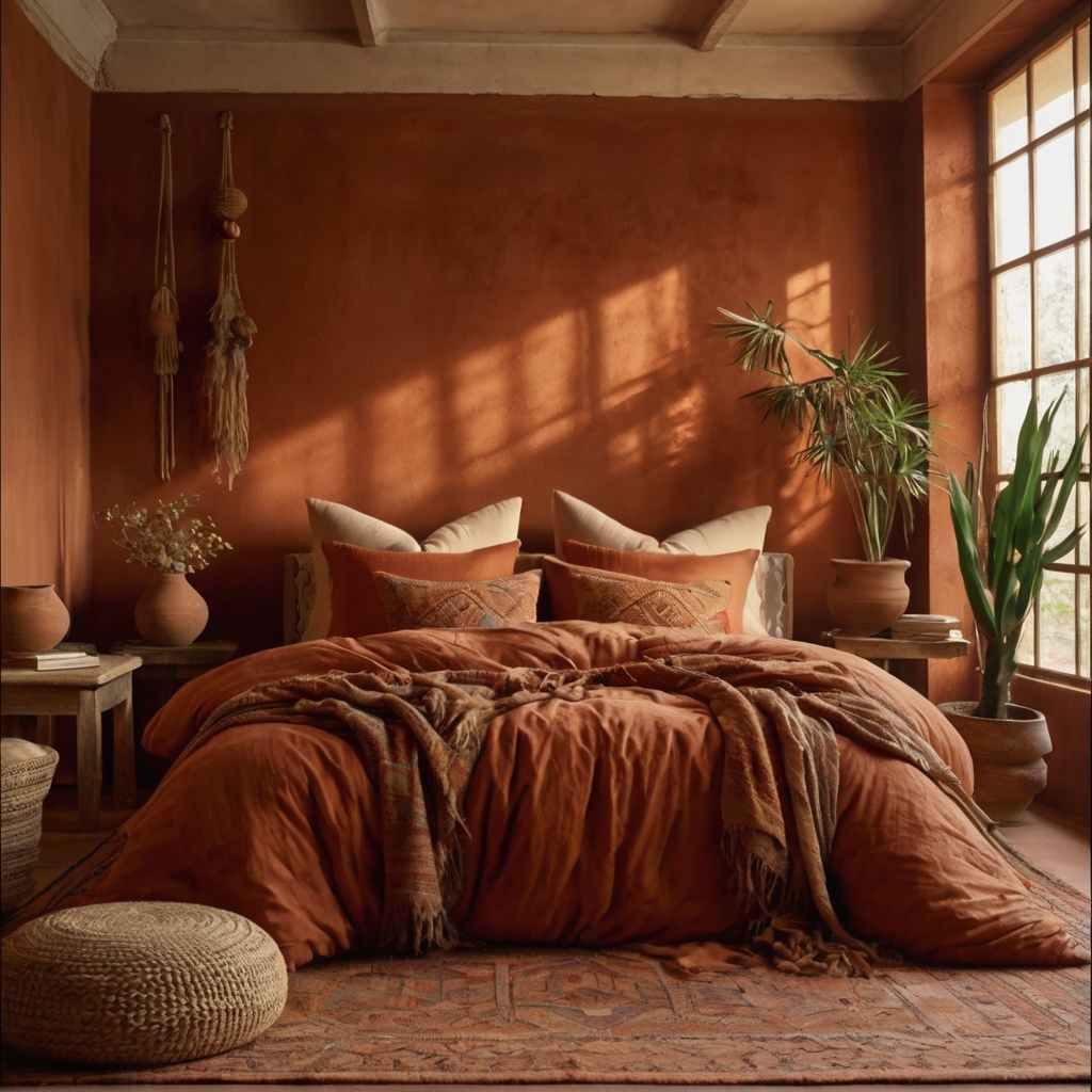 Terracotta walls glow warmly behind a casual earthy boho bed with burnt orange pillows. Rich clay hues create a deeply grounded, welcoming atmosphere.