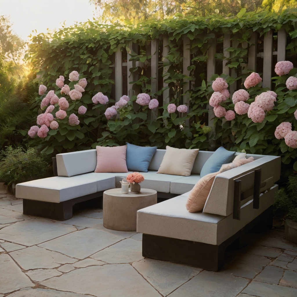 Painted cinder blocks form outdoor seating with wooden planks and cushions. Cozy setup rests near hydrangeas on grass-lined patios.