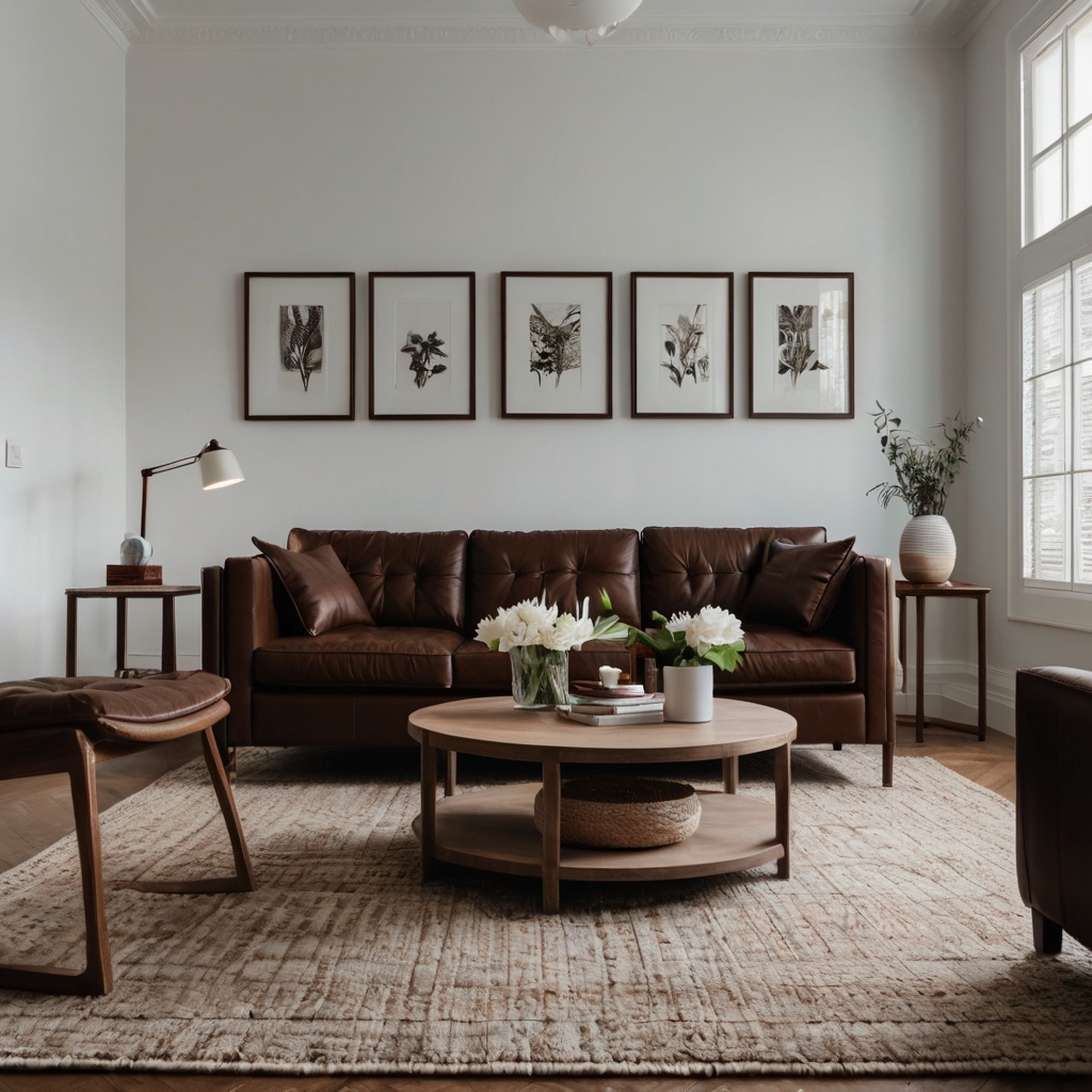 Chocolate couch contrasts sharply against clean white walls. Bright minimalism highlights furniture focus.