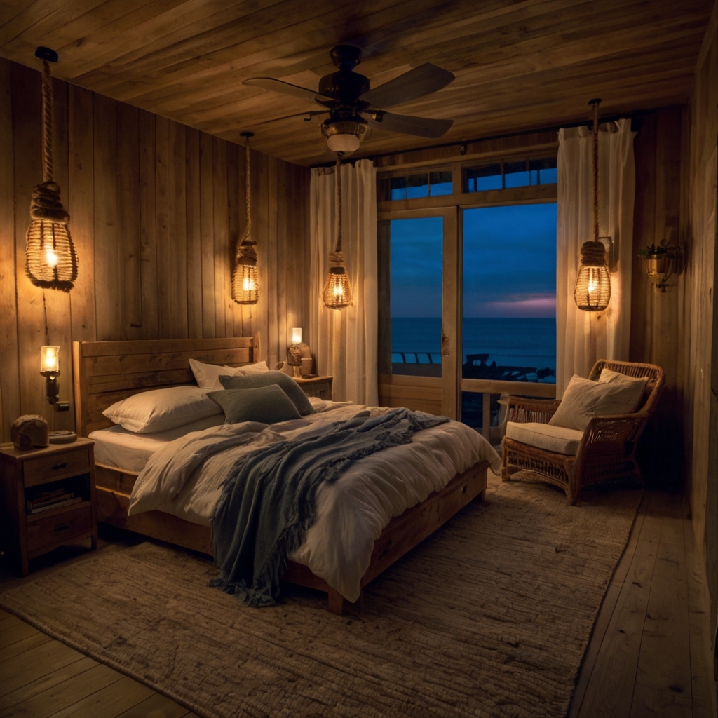 Coastal bedroom with thick rope lights hanging like lanterns. Warm lighting and pale wood textures create nautical warmth.