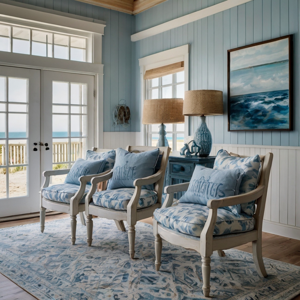 Light blue and white painted chairs evoke a coastal charm in a breezy room. Sunlight streams through large windows, casting soft shadows on the weathered paint.
