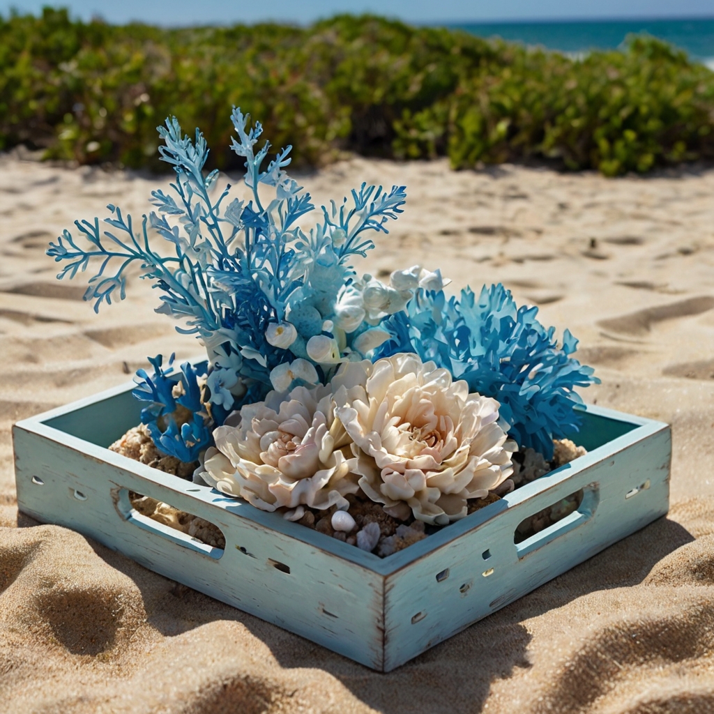Blue coral-like flowers arranged in whitewashed trays evoke coastal charm, framed by a bright, breezy palette. Sunlight dances off floral textures, adding a relaxed ocean-inspired feel.