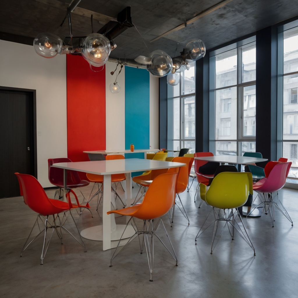 Color-block painted chairs in bold contrasting sections create a striking modern aesthetic. Crisp lighting accentuates the sharp lines and dynamic contrasts in the room.