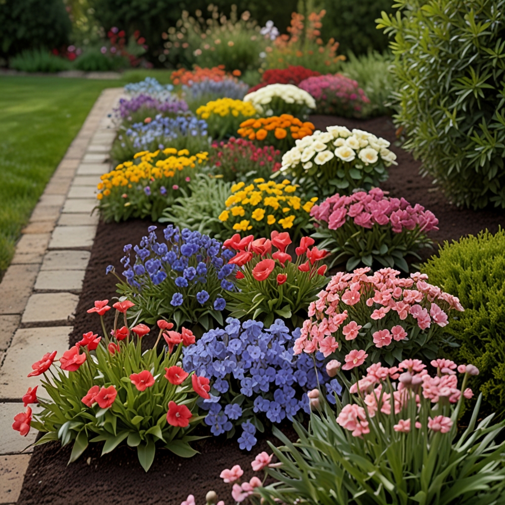 Pastel flowers grouped in a symmetrical front yard layout. Top-down view under soft light highlights color flow and structure.