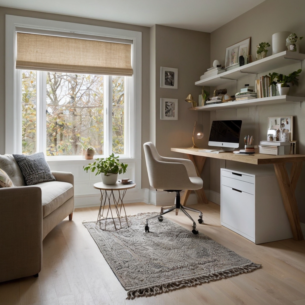 A minimalist compact craft room with built-in shelves and a wall-mounted desk. Natural light brightens the space, creating an open, airy feel despite its size.