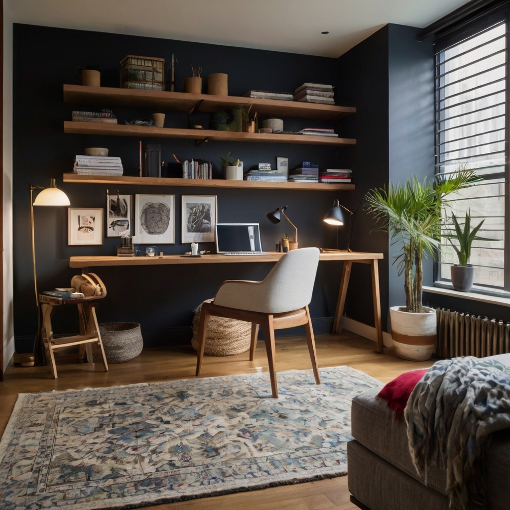 A compact craft office filled with space-saving furniture and vibrant decor. Natural light and flexible storage solutions create a creative yet functional workspace.