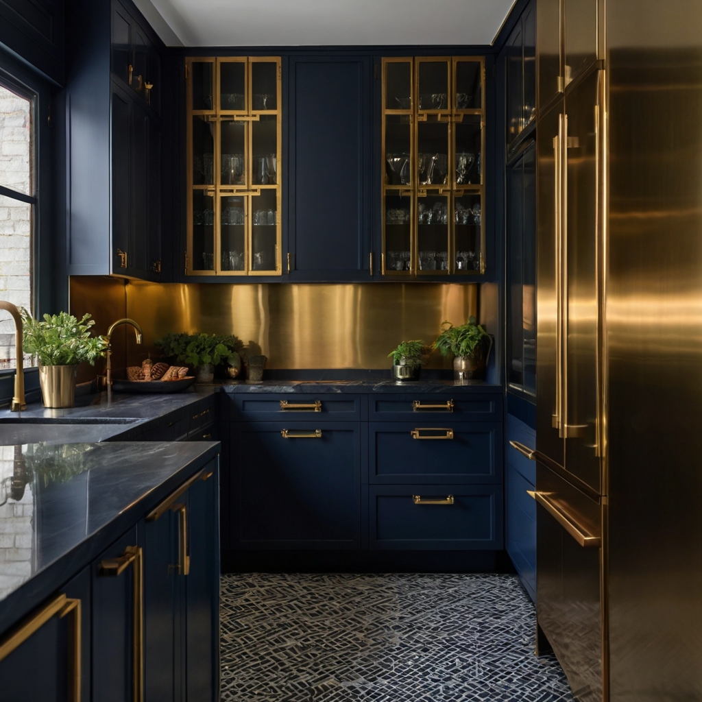 Matte navy galley kitchen with gold hardware and moody lighting. Herringbone floor and mirrored cabinets add depth and bold character.