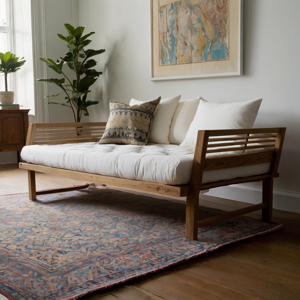 Sleek convertible daybed set against minimalist modern room décor. Smart small-space solution transitioning easily from lounging to sleeping.