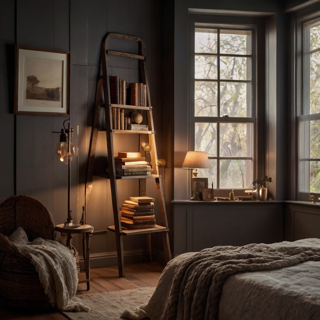 An antique ladder shelf leans in a moody-lit bedroom corner. Books rest on angled rungs beneath twilight and a glowing lamp.