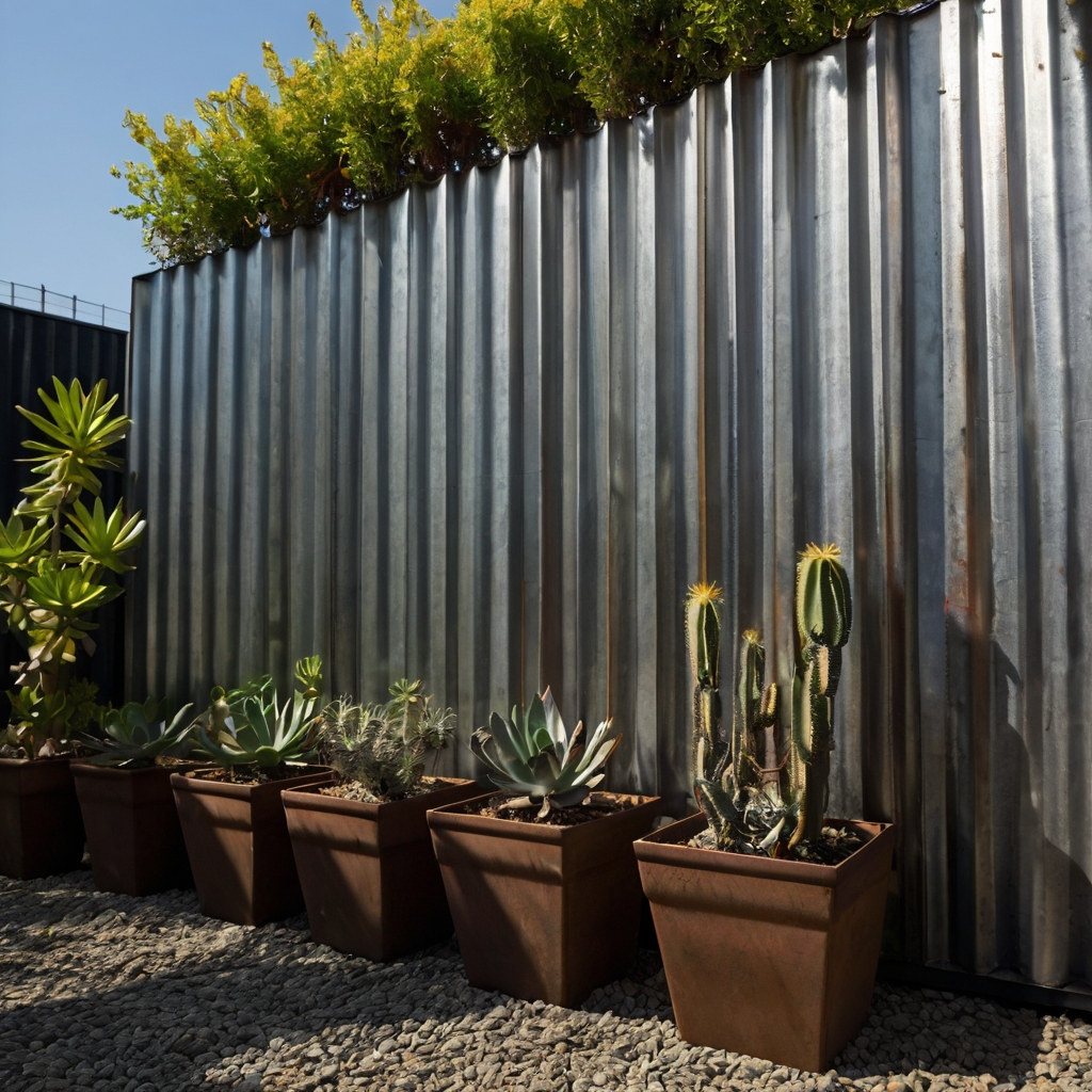 Industrial corrugated metal sheets provide bold privacy with textured sunlight reflections. Concrete base and overcast skies add rugged backyard charm.