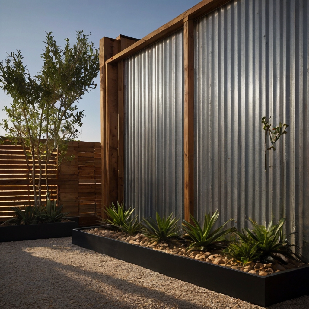 Textured metal panels shimmer beside thick timber framing, side lighting emphasizing industrial detail. Bolts, rust, and grain add to the visual balance.