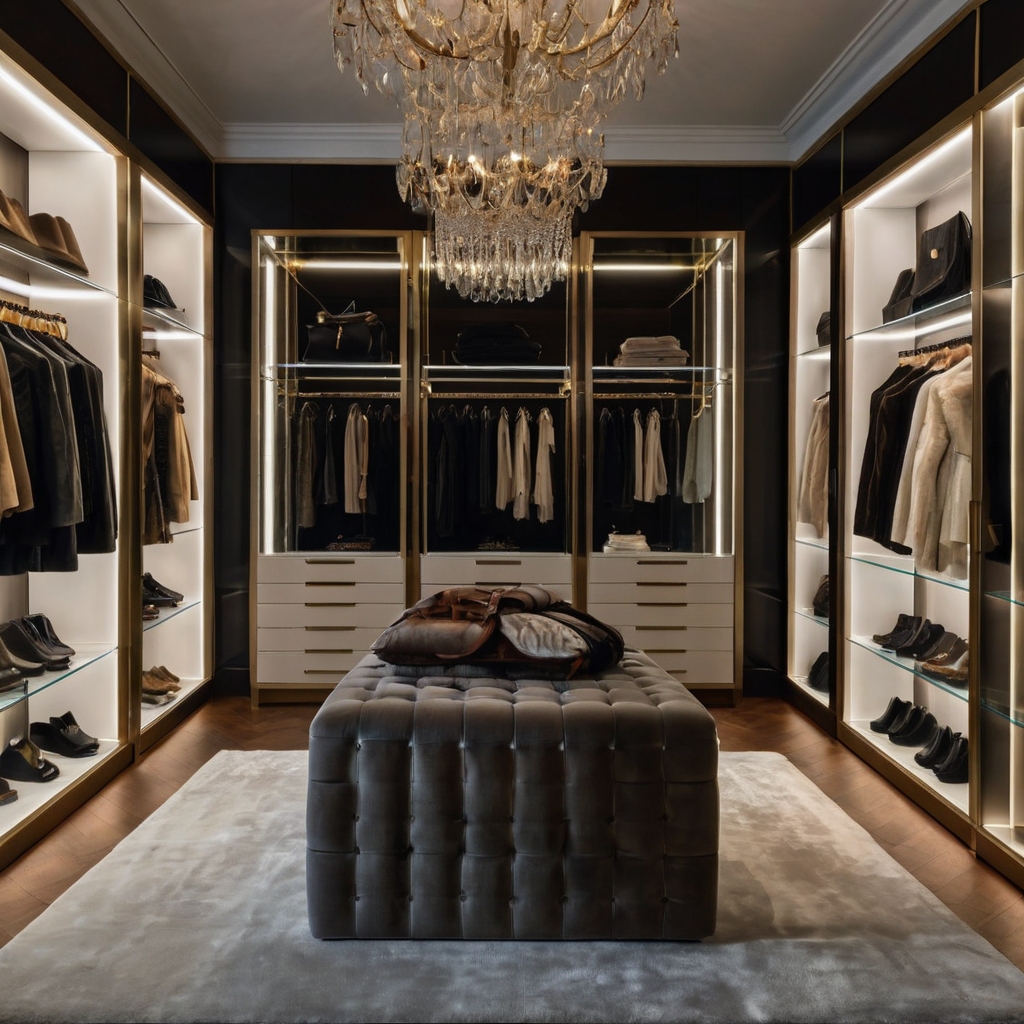 Glass wardrobe displays curated couture and backlit shelves. High-fashion meets functionality in a sleek luxe layout.
