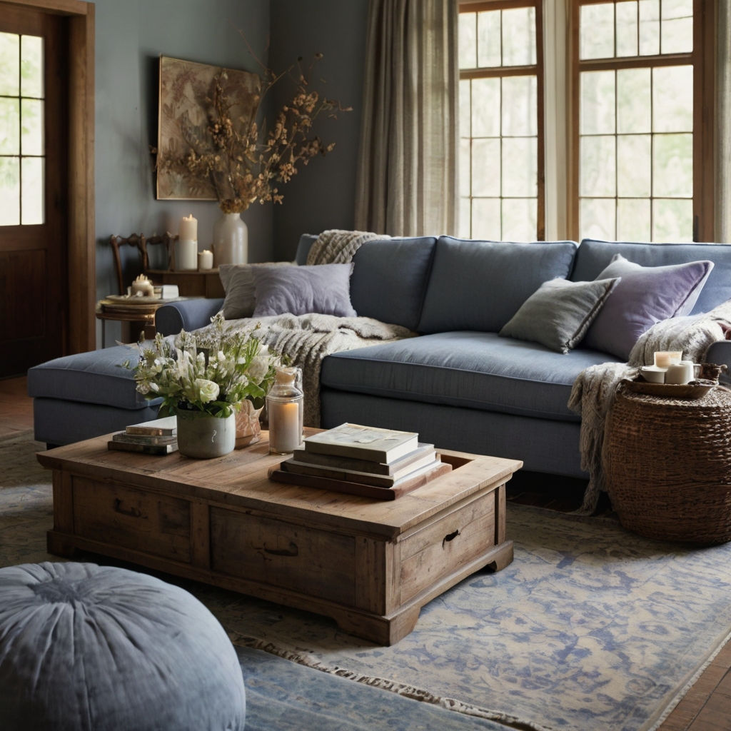 Design a cozy, inviting space with blue grey throws, layered rugs, and soft golden lighting. Include subtle floral touches for a relaxed, tranquil vibe.