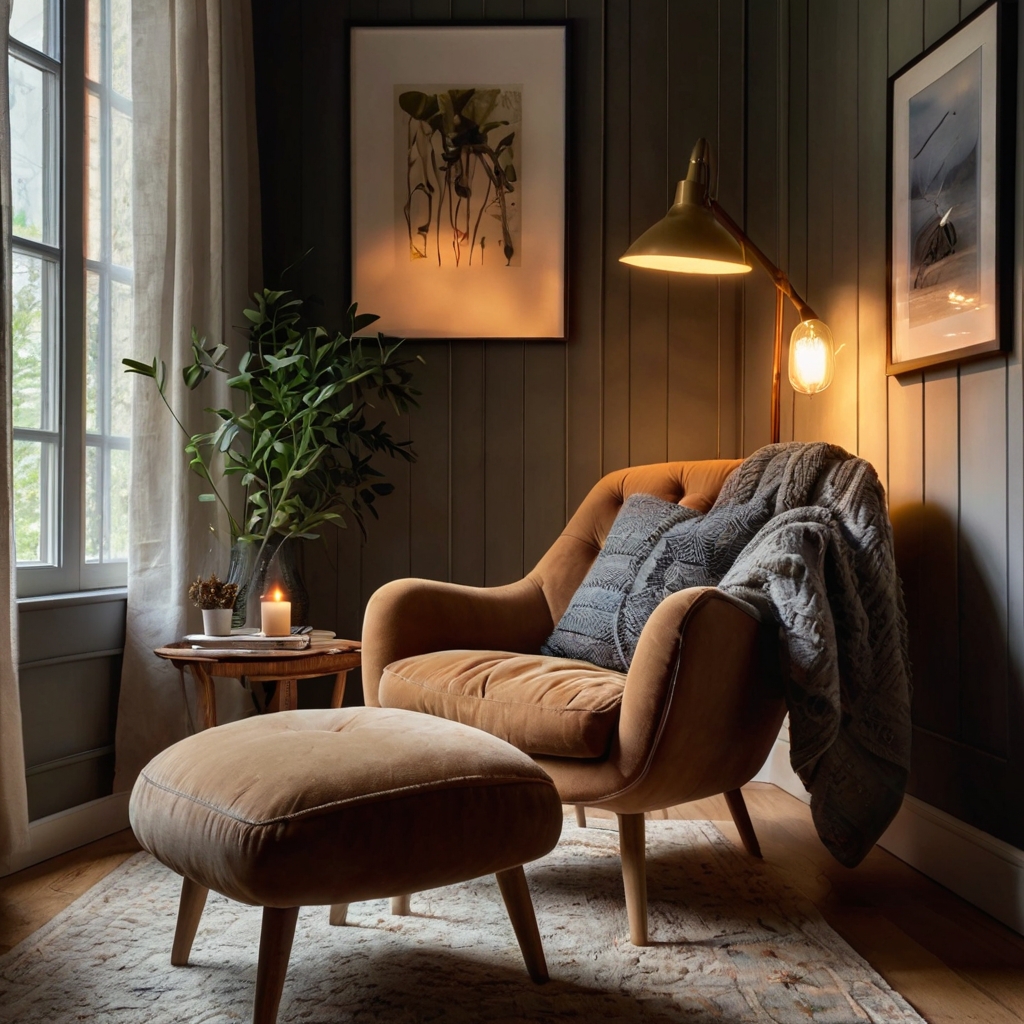 A cozy living room corner with two plush armchairs, soft floor lamp lighting, and light wooden floors. Warm, inviting atmosphere with large windows letting natural light in.