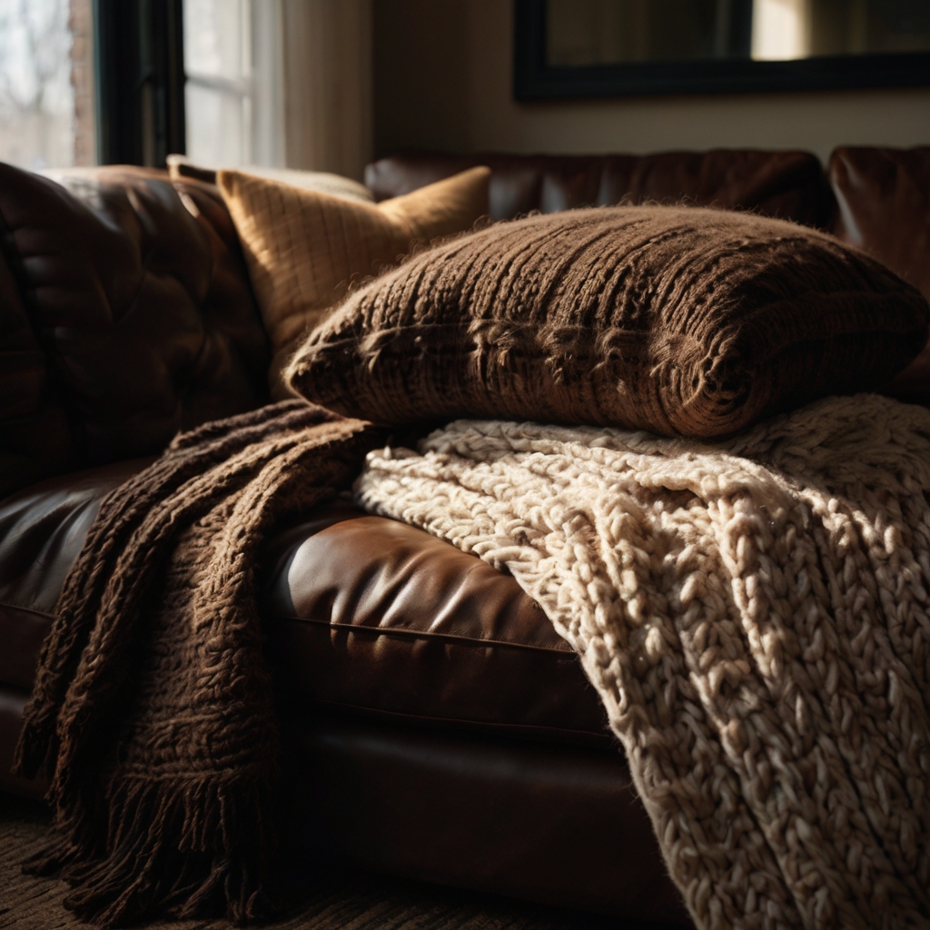 Chunky knit throws layer a dark brown couch in soft, shadowy lighting. Warm textures invite cozy comfort.