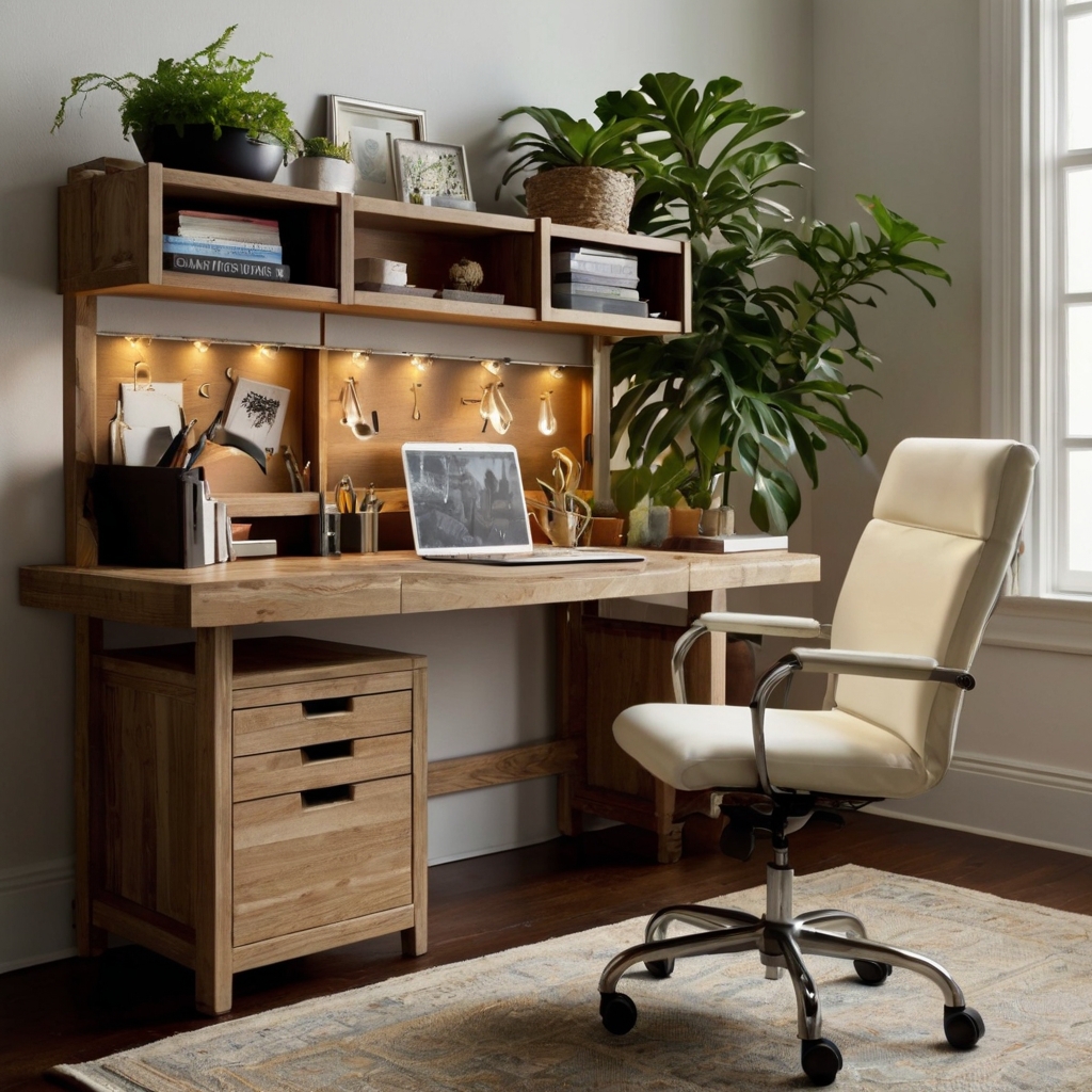 A spacious craft office desk with built-in storage and soft, focused lighting. Light wood or metal finishes enhance the clean and productive atmosphere.