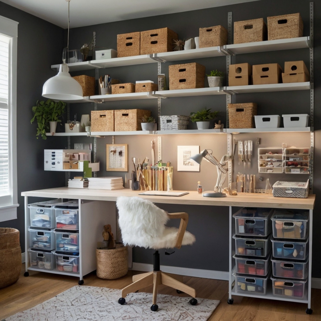 A well-organized craft office with clever storage solutions like pegboards and transparent containers. Bright lighting illuminates the tidy workspace for easy access.