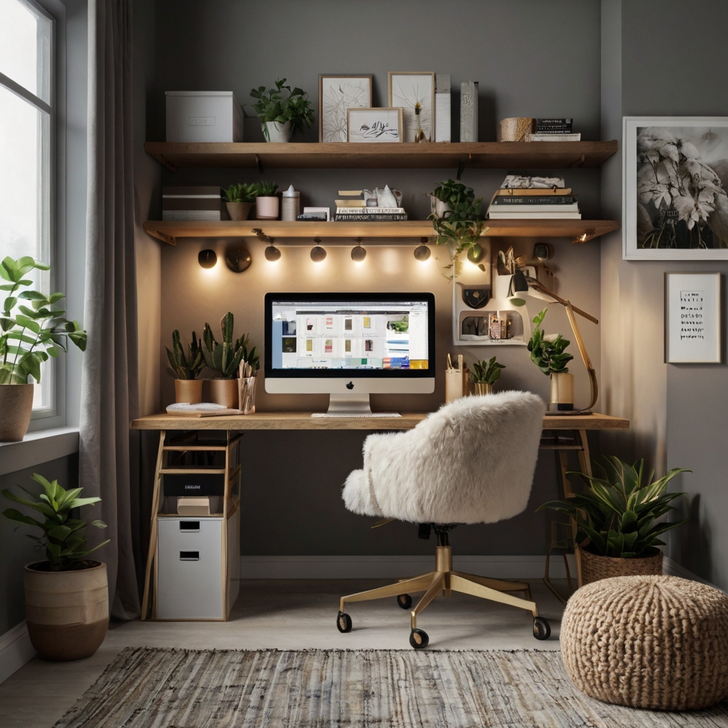 An inspiring craft room desk setup with spacious work areas and organized supplies. Soft lighting and clean decor create a creative yet functional workspace.