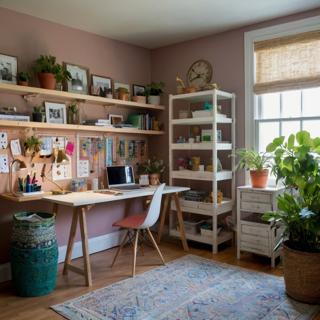 A craft office inspired by vibrant decor, framed artwork, and plants. Natural light flows in, creating a lively atmosphere perfect for creative work.