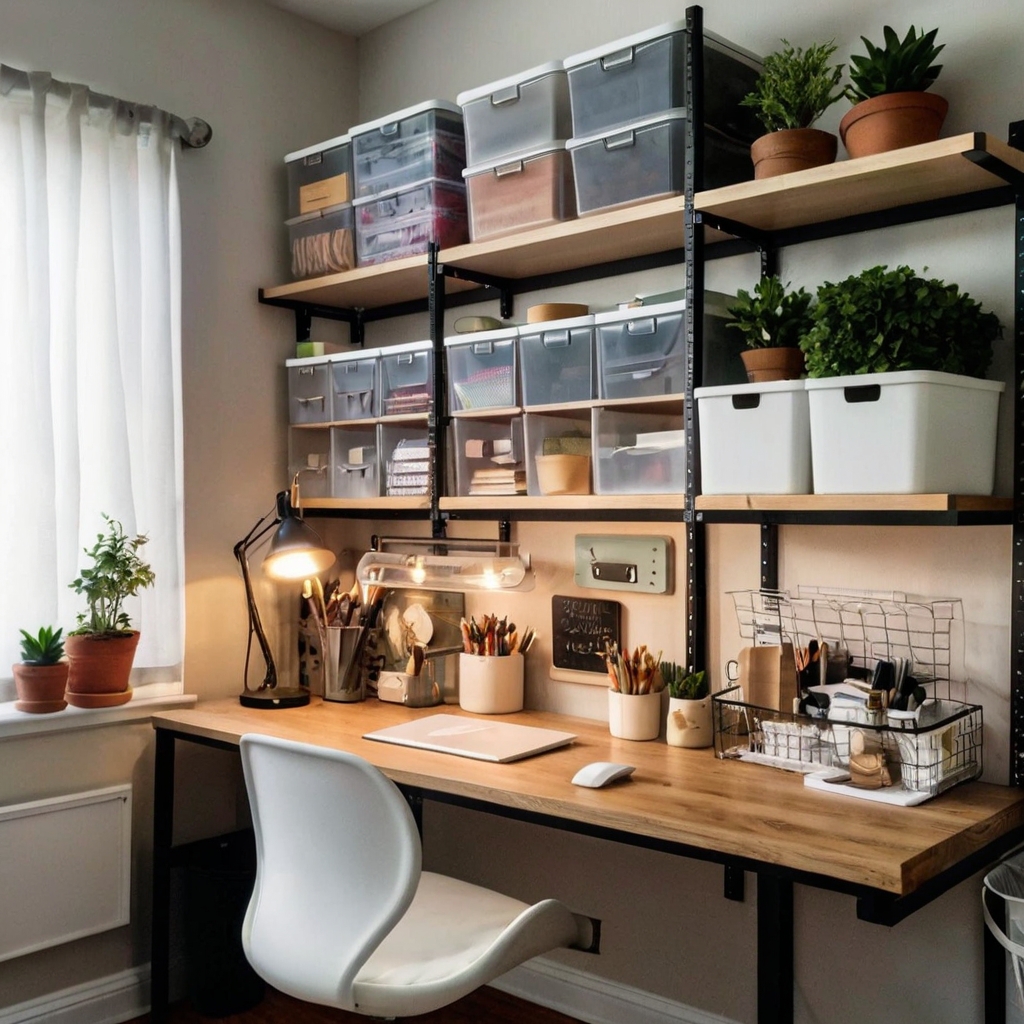 A clever craft room featuring space-saving hacks like wall-mounted racks and clear storage containers. Natural light and bright overhead lighting keep the space organized.