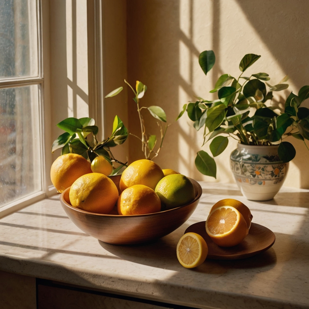Lemon-themed corner styled with yellow mugs and fruit bowls. A bright and cheerful kitchen detail.