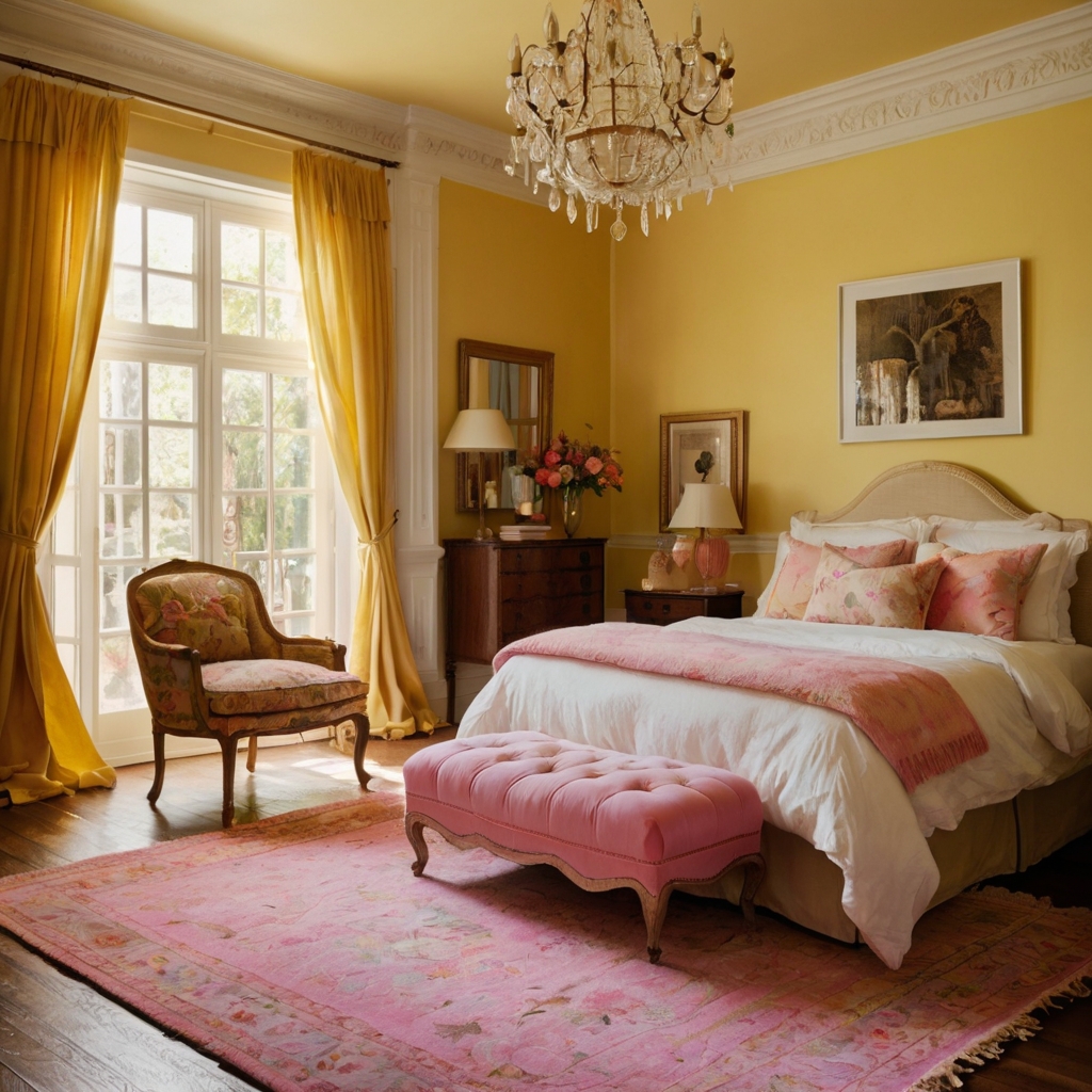 A plush pink rug on polished wood floors contrasts beautifully with soft yellow walls. Sunlight pours in, enhancing the room's playful yet calming vibe.