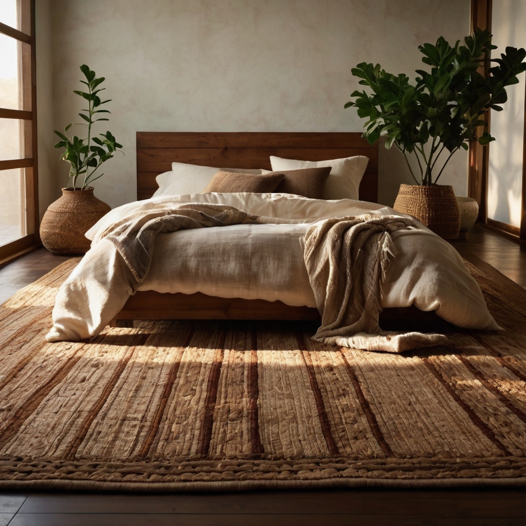 Mattress laid directly on a jute rug with woven baskets around it creates a grounded earthy boho bedroom. Cozy, informal energy fills the natural space.