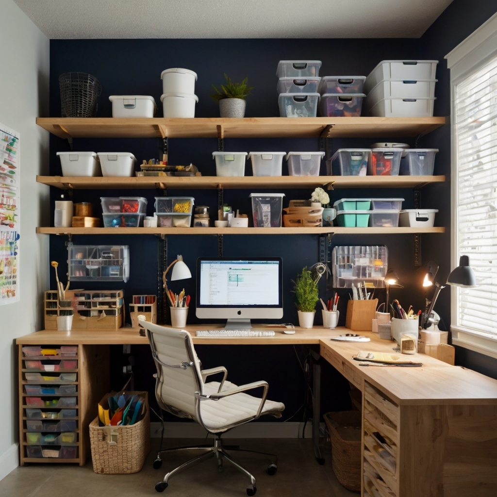 A craft room with efficient storage solutions like floating shelves and rolling carts. The room is clean and clutter-free, with ample lighting for easy access to materials.