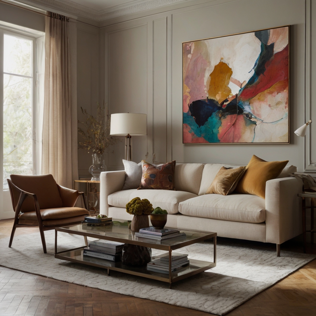 A living room with bold, abstract artwork and soft pendant lighting. The room’s dynamic energy is enhanced by vibrant art and large windows.