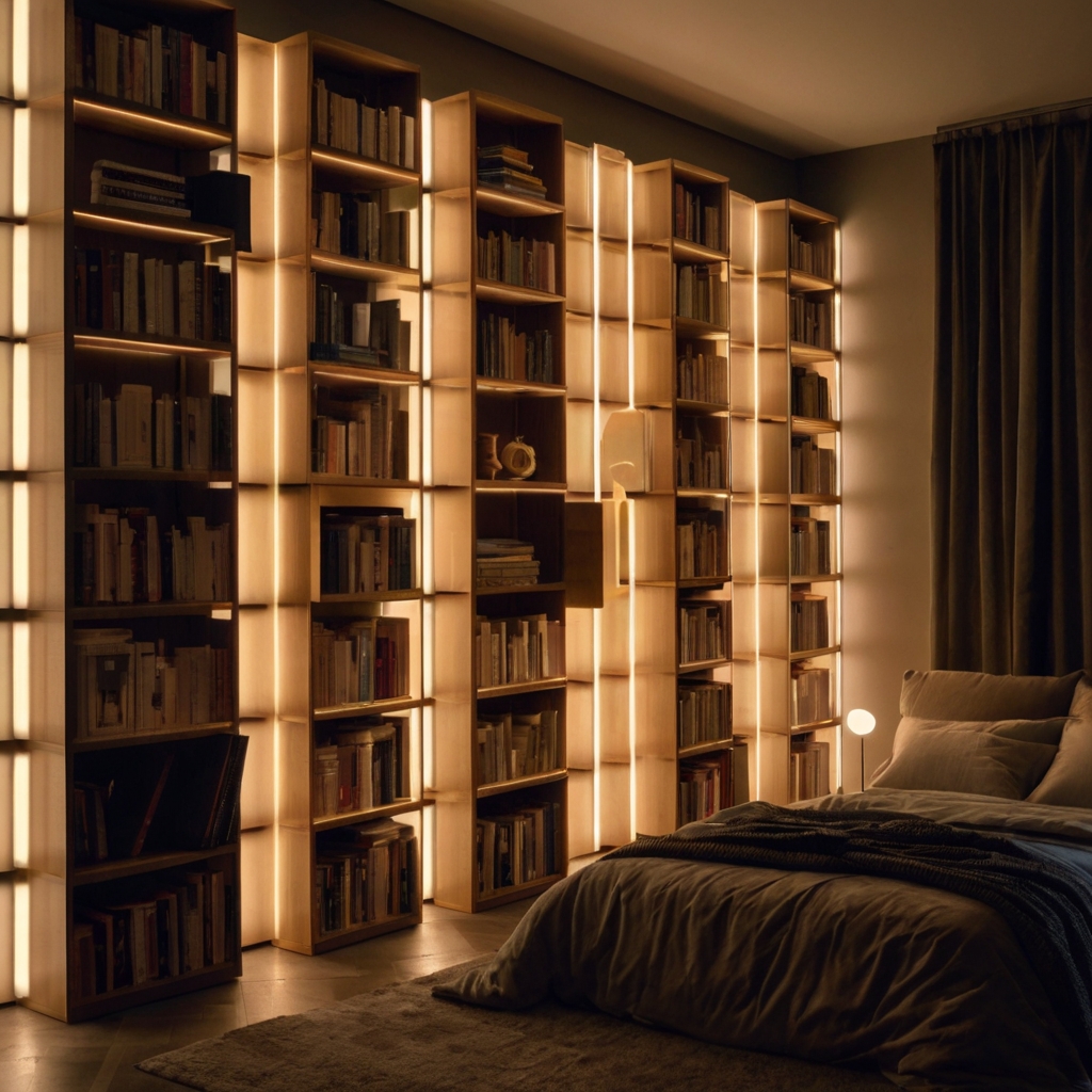 Cube shelves with built-in lights display books in neat rows. The warm glow enhances grid balance and nighttime coziness.