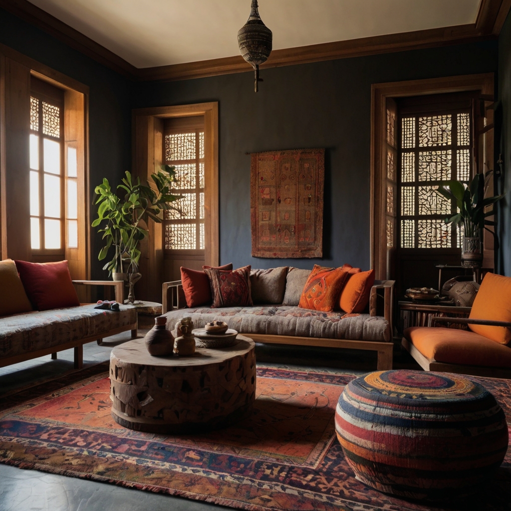 An eclectic living room with Moroccan rugs and Japanese-inspired furniture. Soft lighting enhances the rich textures and cultural elements of the space.