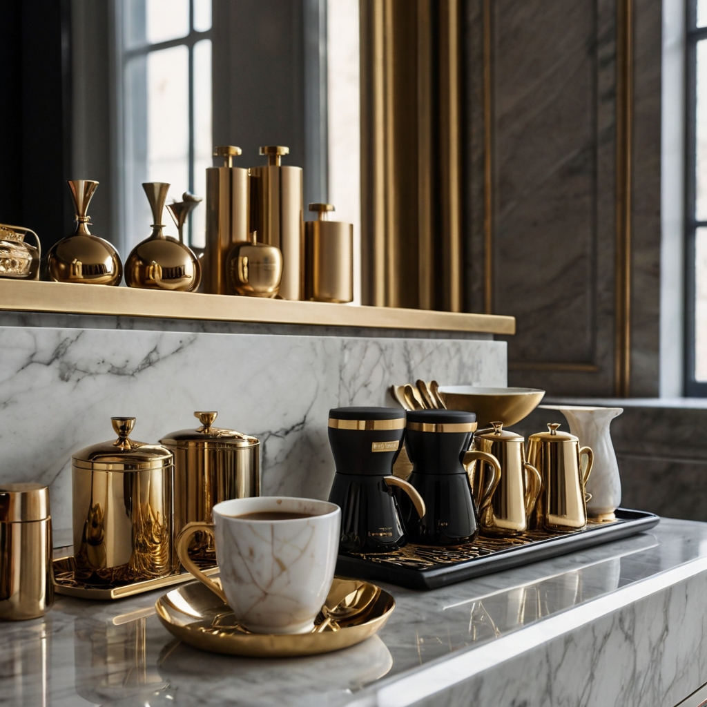 Marble coffee station with ceramic ware near a sunlit window. Adds a ritual of luxury to this serene bedroom.