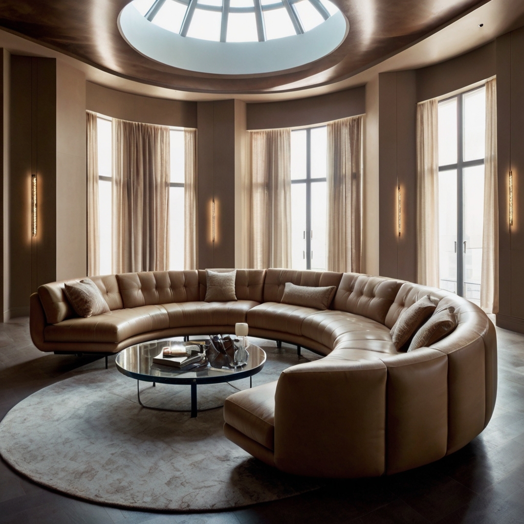 Elegant curved sofa sweeping softly across a sharp modern living room. Flowing furniture lines create a gentle, relaxed open-space feel.